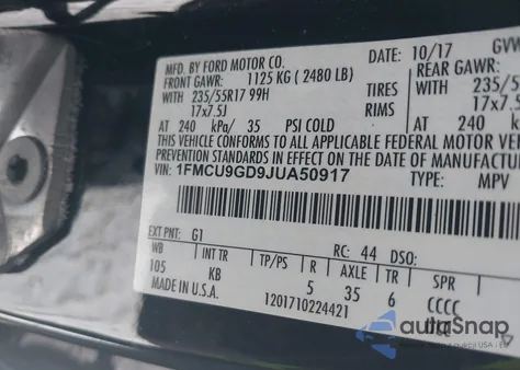 2018 Ford Escape Se z USA, uszkodzony, nr VIN 1FMCU9GD9JUA50917